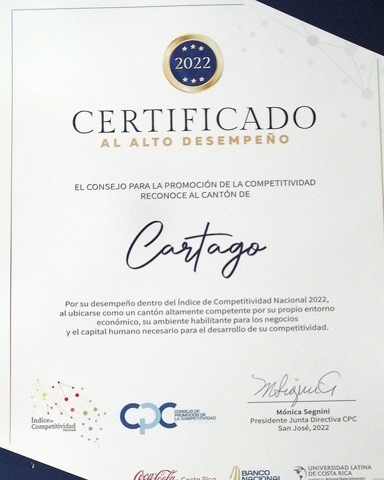 FB – Mario Redondo | El Cantón de Cartago obtiene reconocimiento como uno de los 5 cantones con alto desempeño.