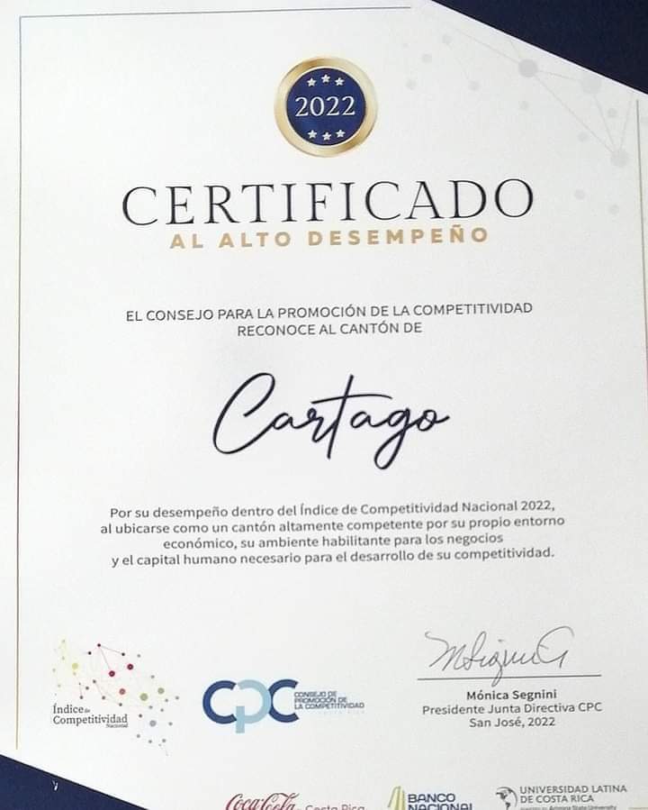 FB – La Voz Brumosa | Cartago obtiene reconocimiento como uno de los 5 cantones con alto desempeño y mejores condiciones para la competitividad, atracción de inversiones y generación de empleo.