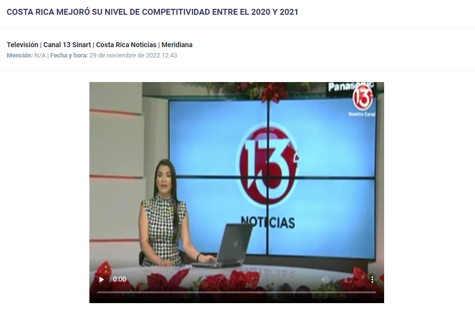 Canal 13- Sinart | CR mejoró su nivel de competitividad entre 2020 y 2021.