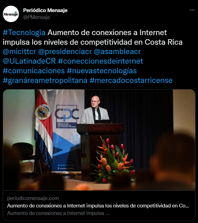 TW-Periódico Mensaje | Aumento de conexiones a Internet impulsa los niveles de competitividad en Costa Rica.